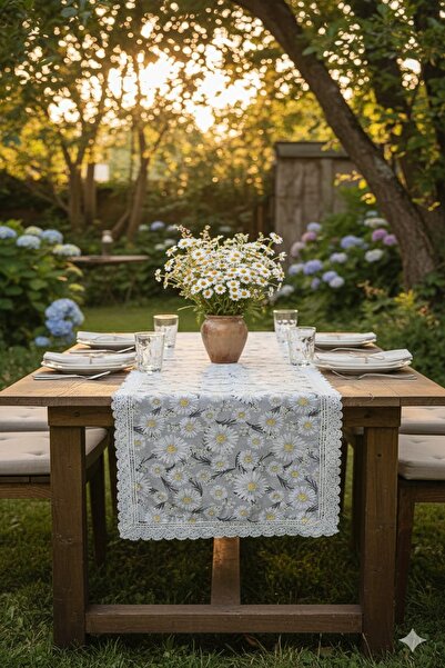 Rona Home Custom-Made Runner with Lace Trim, Decorative Daisy Runner, Washable and Wipeable Dining Runner.
