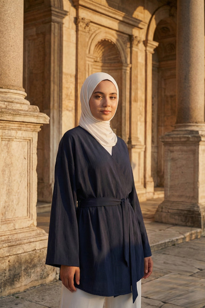 Zeneva Collection Albastru închis - Kimono tesettür pentru femei, 100% bumbac...