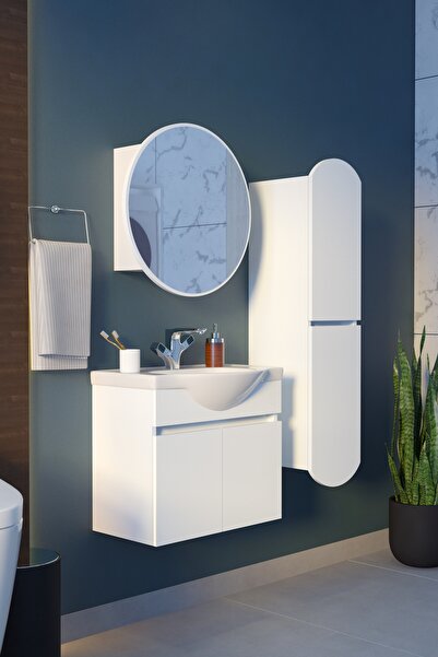 makbulce Erciyes Havlu Dolaplı 65cm Seramik Lavabolu MDF Oval Aynalı Banyo Dolabı-Beyaz