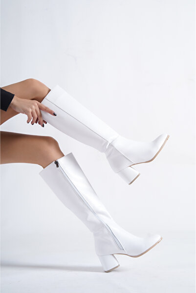 Capone Outfitters Bílé dámské boty na podpatku s oválnou špičkou na zip