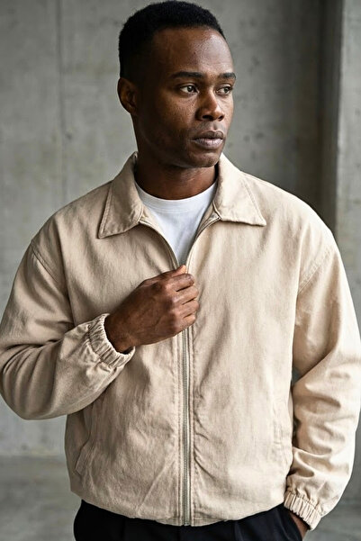 freemen Men's Basic Gabardine Fabric Zippered Oversized Transitional Polo Collar Beige Jacket
