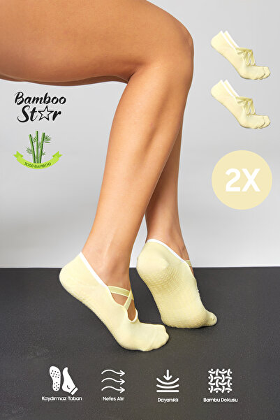 bamboo star Șosete de balerină pentru femei din bambus, galbeni, cu talpă ant...