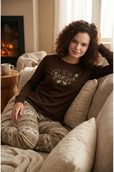 Bravie Luxury Thermal Season Deer Patterned Women's Fleece Winter Pajama Set – 42059