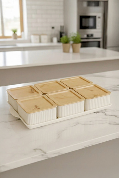 Kitchen Life Set de mic dejun din 7 piese din plastic dur cu aspect de bambus - bol pătrat pentru mic dejun, recipient de depozitare