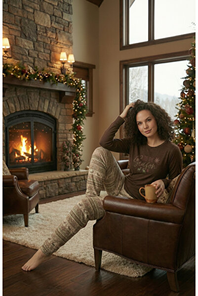 Bravie Luxury Thermal Season Deer Patterned Women's Fleece Winter Pajama Set – 42059