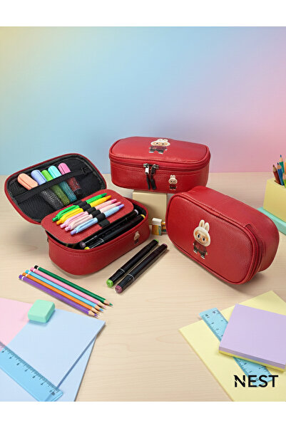 Nest Life Labubu Kırmızı Sunii Deri Fermuarlı Kalemlik Büyük Boy, Kalem Kutus...