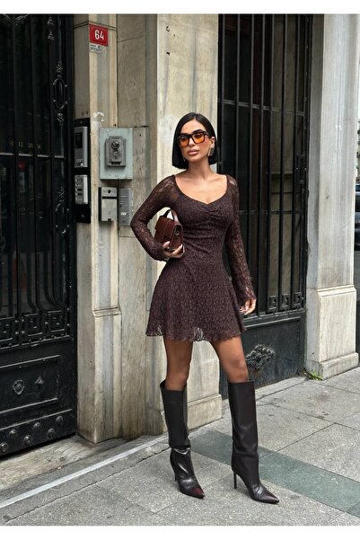 SEVENLINE Women's Lace Boat Neck Long Bell Sleeve Mini Dress