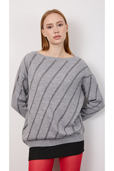 Moda Days Women's Sweater Oversized Wide Neckline Striped Knitwear Sweater