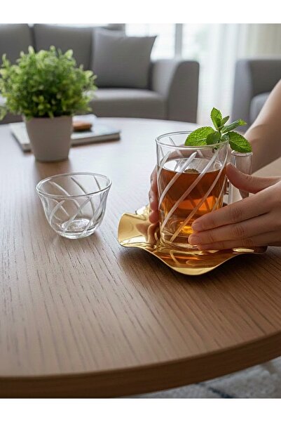 DECOSTYLE 18 Piece Modern Glass Tea Set with Decorated Steel Plates |   Premium Presentation Set