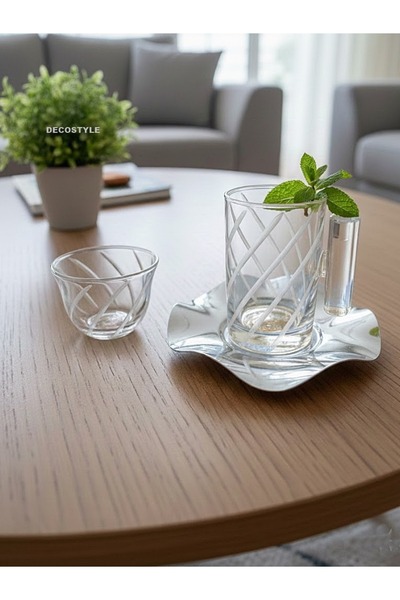 DECOSTYLE 18 Piece Modern Glass Tea Set with Decorated Steel Plates |   Premium Presentation Set