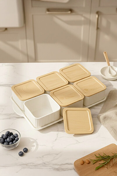 Kitchen Life Set de mic dejun din 7 piese din plastic dur cu aspect de bambus - bol pătrat pentru mic dejun, recipient de depozitare