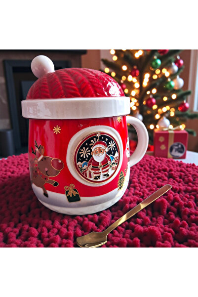 ELEDEEA Cană de Crăciun cu capac tip căciuliță - Moș Crăciun și linguriță aurie