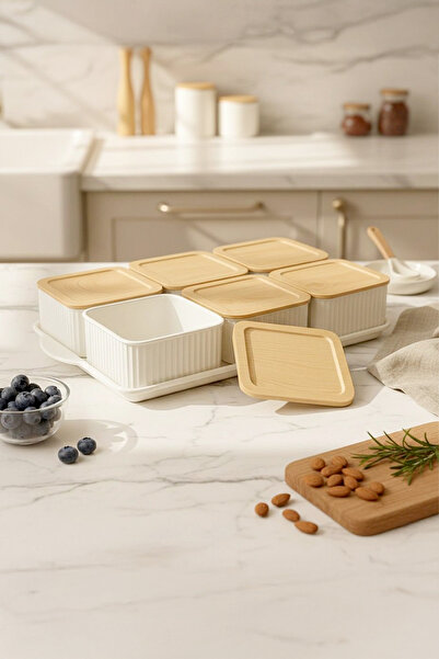Kitchen Life Set de mic dejun din 7 piese din plastic dur cu aspect de bambus - bol pătrat pentru mic dejun, recipient de depozitare