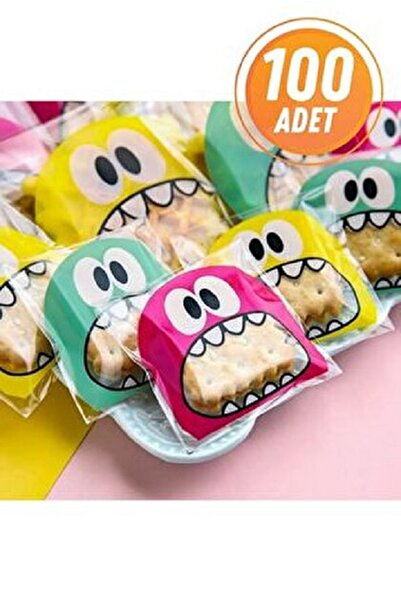 stonehill 100 Adet Kurabiye Canavarı Desenli Çok Renkli Bantlı Şeffaf Poşet 10x15 Cm