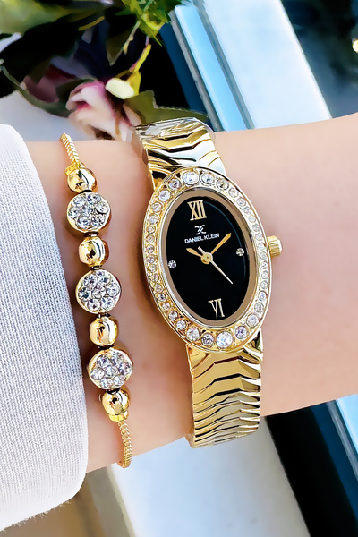 Daniel Klein Orijinal Kadın Kol Saati 3 Atm Su Geçirmez Gold Yeşil Renk Çelik Kordon Bileklik Hediye DKBY2019C3