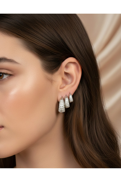 Silay مجموعة من 3 أقراط دائرية من حجر الزركون من الفولاذ المقاوم للصدأ