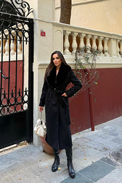 Neşeli Butik Жіночий пальто з капюшоном, з поясом, з хутром, повний довжина NBSTR1003