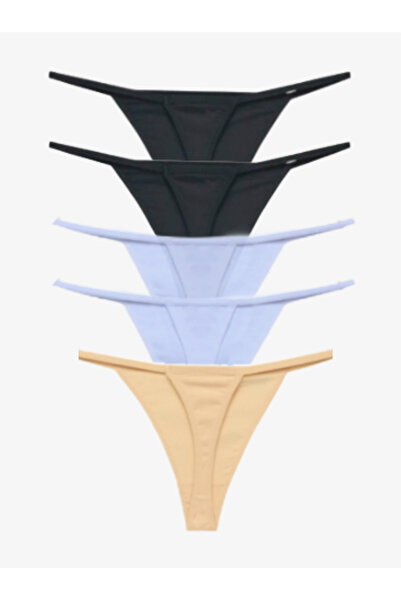 IPL Women's Panties, Women's Drawstring 5-Piece Black and White Skin Thong (String Elastic String Thong)