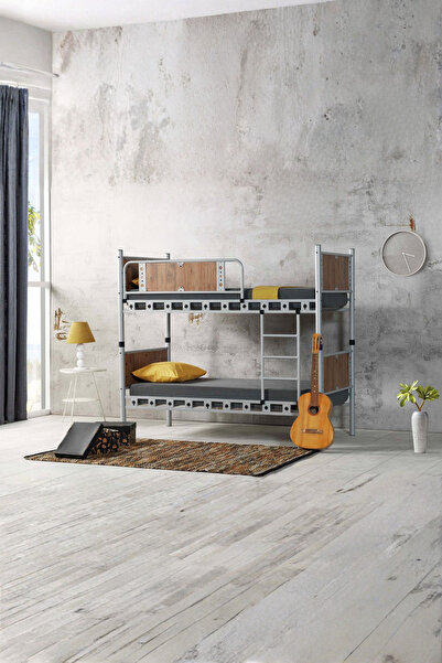 ARGİMO Elegan Genç Çocuk Odası Ahşap Başlıklı Metal Ranza Ve Karyola 90x200