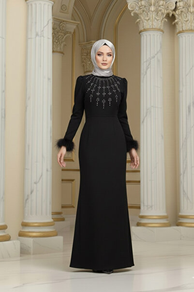 Ayşe Melek Tesettür Balık Taşlı ve Kolu Tüylü Elbise