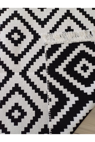 stay with love Kilim Çift Taraflı Modern Desenli Yıkanabilir Pamuklu Dokuma 1. Kalite Kilim Siyah Beyaz Yolluk