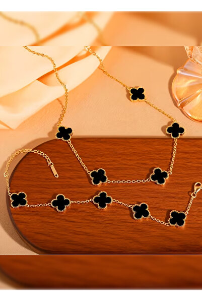 PURE BERRY PURE RENK SİYAH GOLD ZİNCİR YONCA SET KOLYE