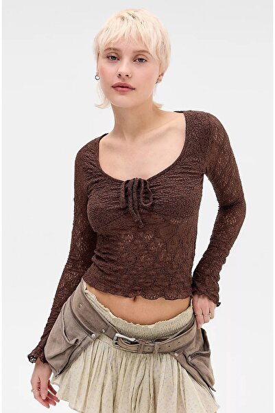 MAXLEVEL MODA Brown Color Breast Part Lined Transparent Lace Blouse