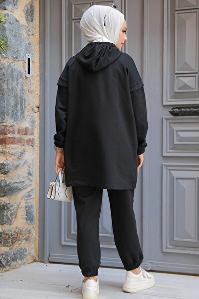 Neva Style Μαύρο Hooded Hijab Διπλό Σετ - 20072S