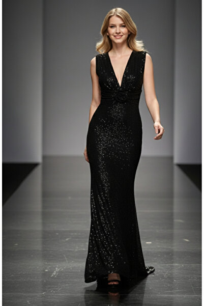 Elif Naz Moda Evi siyah payet v yaka uzun beyaz kuyruklu elbise