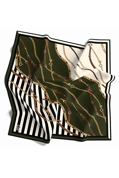VİOLLA Twill Çizgili Zincir ve Kemer Desenli Haki Yeşili Renkli 90x90 Eşarp (...