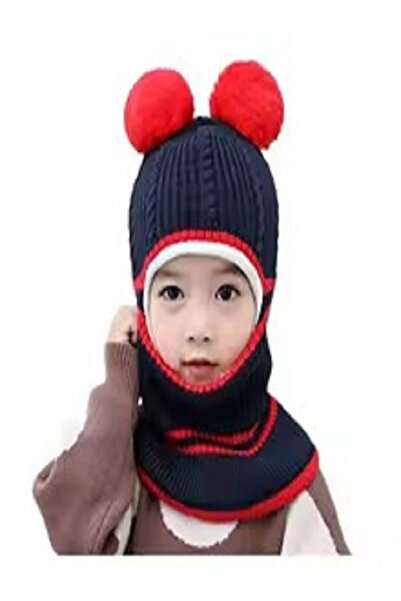 Generic Children's winter hat, lined with fleece, small size, with double pom-pom ears, knitted for winter, for boys