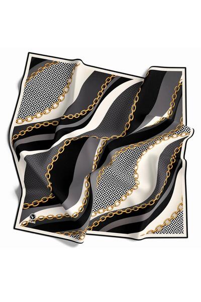 Vissona Twill Zincir Desenli Siyah Renkli 90x90 Eşarp (İpek İçermez) Kenar Di...
