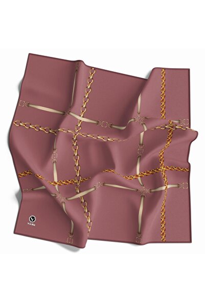 VİOLLA Twill Zincir ve Kemer Desenli Gül Kurusu Renkli 90x90 Eşarp (İpek İçer...