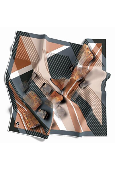 VİOLLA Twill Çizgili ve Geometrik Desenli Somon Renkli 90x90 Eşarp (İpek İçer...