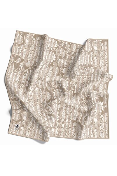 VİOLLA Twill Batik Şal Desenli Bej Renkli 90x90 Eşarp (İpek İçermez) Kenar Di...
