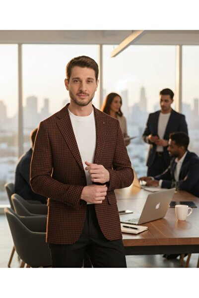 Frappoli Ανδρικό παλτό Parcessi σε καφέ μοτίβο Houndstooth Slim Fit Slim Fit που δεν ελαστεί από ύφασμα