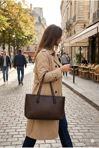 GALB Brown Women's Knitted Pattern Pu Leather Hand and Shoulder Bag – Elegant Wide Form