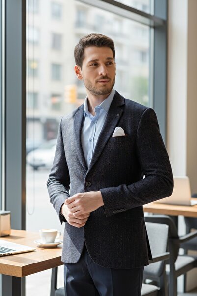 Frappoli Борис Чоловічий Синьо-коричневий візерунок Моно комір Товстий Slim Fit Вузький крій Блейзер