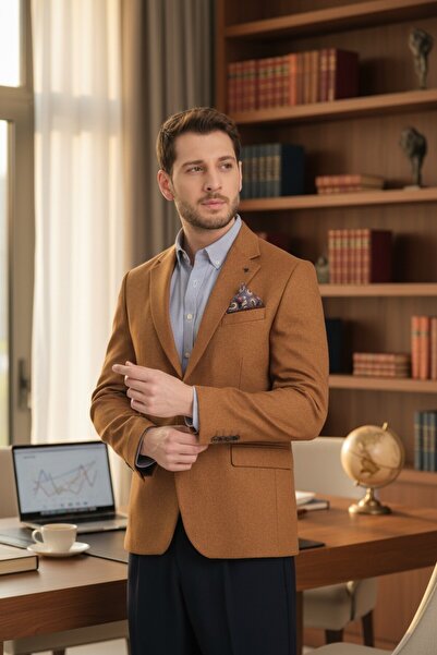 Frappoli Αθλητικό μπουφάν Fevual Ανδρικό Camel Mono Collar Diagonel με μοτίβο Slim Fit Blazer