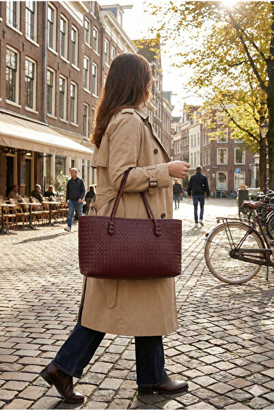 GALB Burgundy Women's Knitted Patterned Pu Leather Hand and Shoulder Bag – Elegant Wide Format