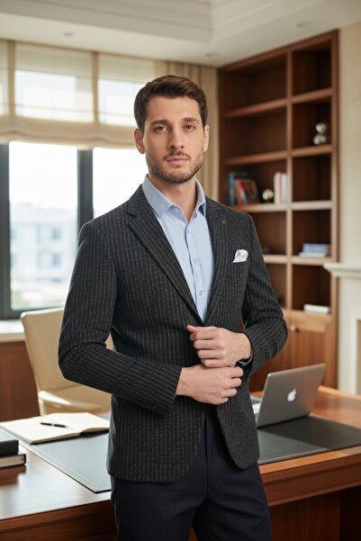 Frappoli Мъжко тъмносиньо сако Sumano от италиански раирани дебели, гъвкави м...