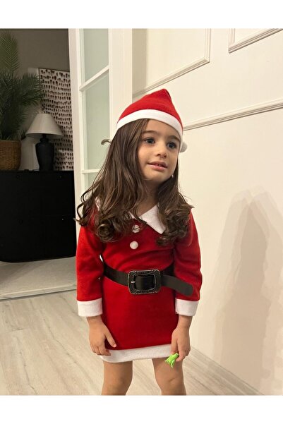 ELAGÜL Kız Çocuk Noel Anne Yılbaşı Kostümü Etekli Şapkalı Elbise Yılbaşı Noel...