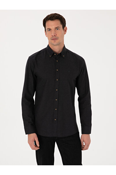 Cacharel Siyah Slim Fit %100 Pamuk Yakası Düğmeli Flanel Gömlek 50313122-VR046