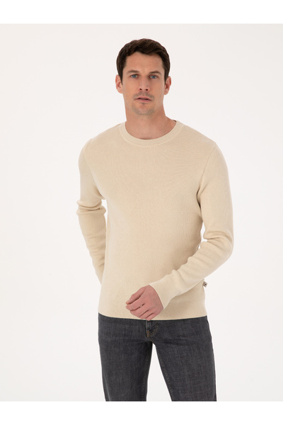 Cacharel Bej Slim Fit Pamuk Karışımlı Bisiklet Yaka Selanik Örgü Triko Kazak ...