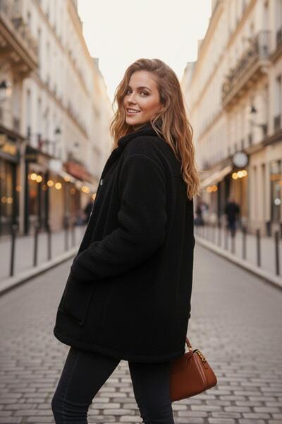 Mossta Soft Textured Plush Coat – Black