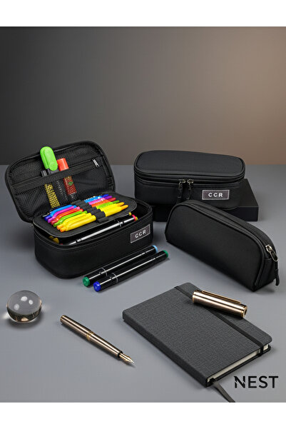 Nest 2` li Set Siyah Renk Kalem Kutusu Okul ve Ofis Kalemlik Kırtasiye