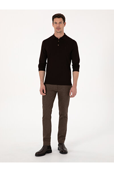 Cacharel Kahverengi Slim Fit Yün Karışımlı Balık Sırtı Kanvas Pantolon 50314059-VR029