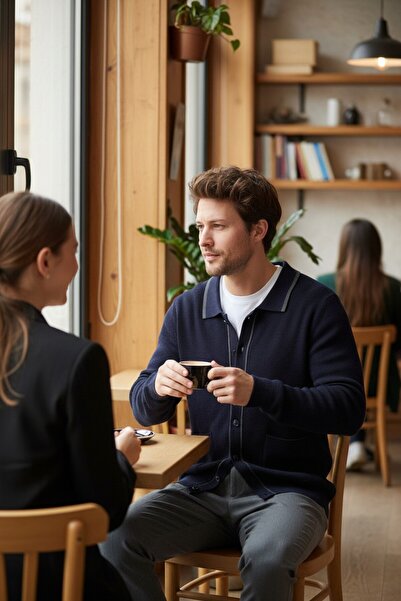 Frappoli Loix Men's Navy Blue Cotton Blend Thessaloniki Knitted Cardigan with Pocket Pockets