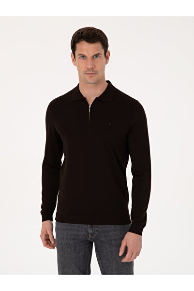 Cacharel Kahverengi Regular Fit Yün Karışımlı Fermuarlı Polo Yaka Basic Triko Kazak 50318901-VR029