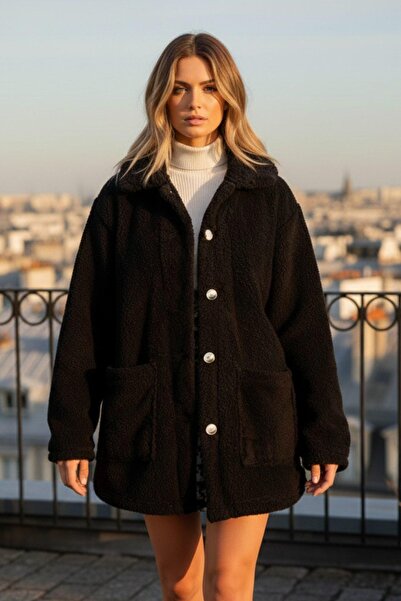 Mossta Women's Plush Coat – Black Pocket Model